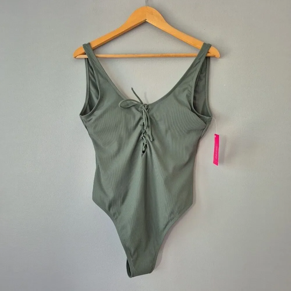 Xhilaration Olive Green One Piece Lace Up Ribbed Swimsuit Womens Large